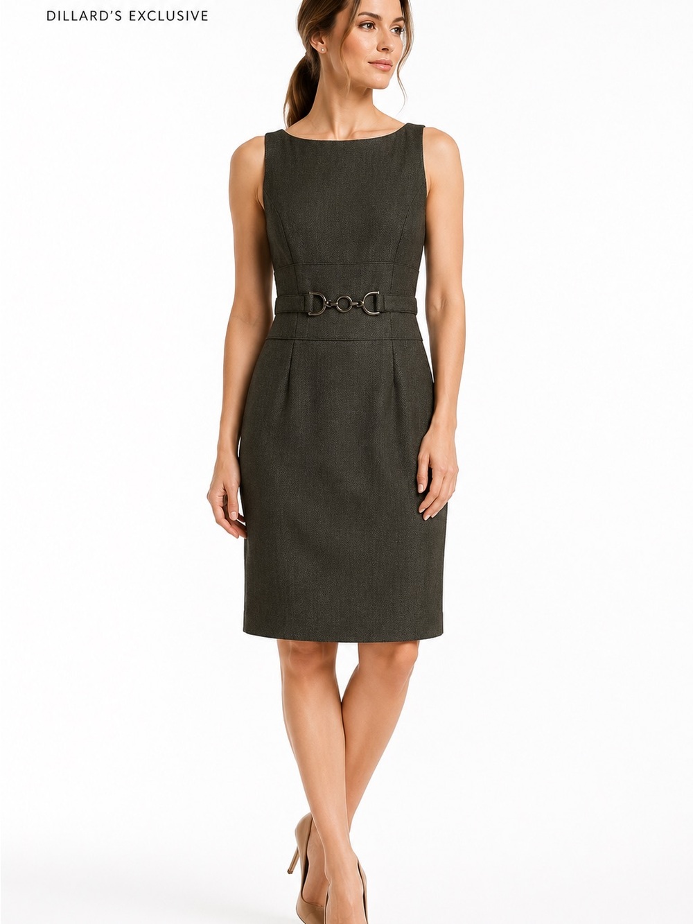 NWT DILLARDS ANTONIO MELANI LODEN HERRINGBONE SHEATH DRESS HORSEBIT BELT size 6